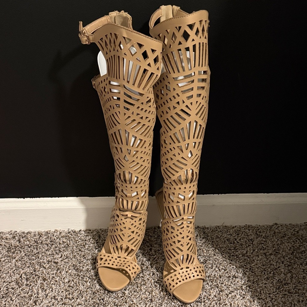 Tan Cutout Knee-High Women's Boots - Picture 4 of 6